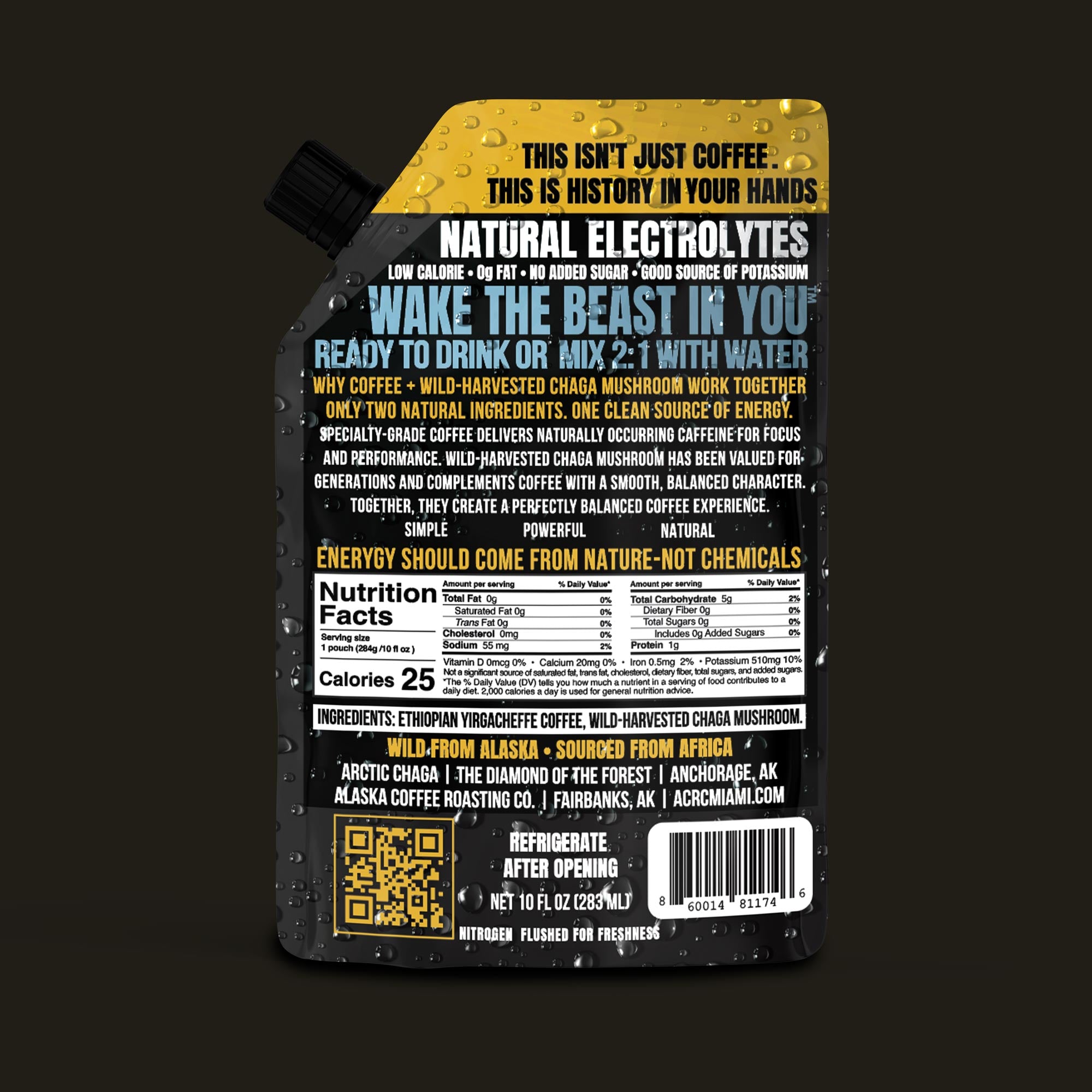 Back of 10oz Pouch Cold Brew Coffee with Chaga Mushrooms-Alaska Roasting Co.