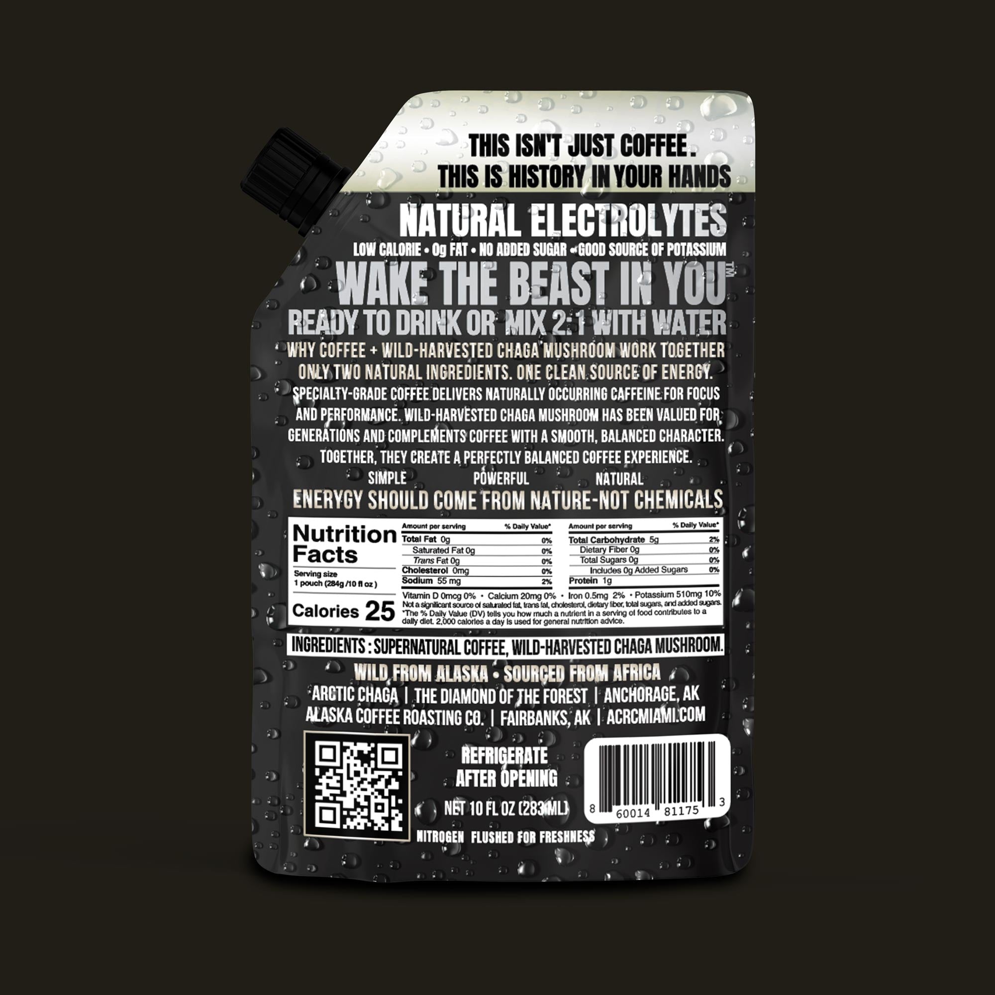 Back of the Reserva Edition 10oz Pouch Cold Brew Coffee with Chaga Mushrooms-Alaska Roasting Co.